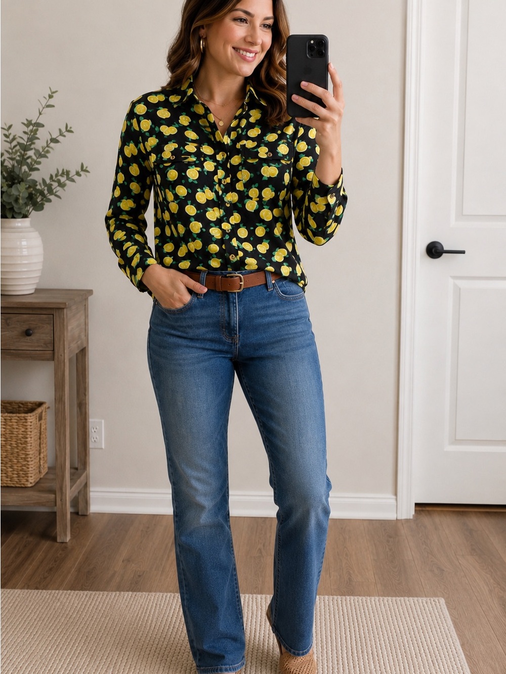 Jones New York Women’s Small 100% Cotton Lemon Print Button Front Black Shirt